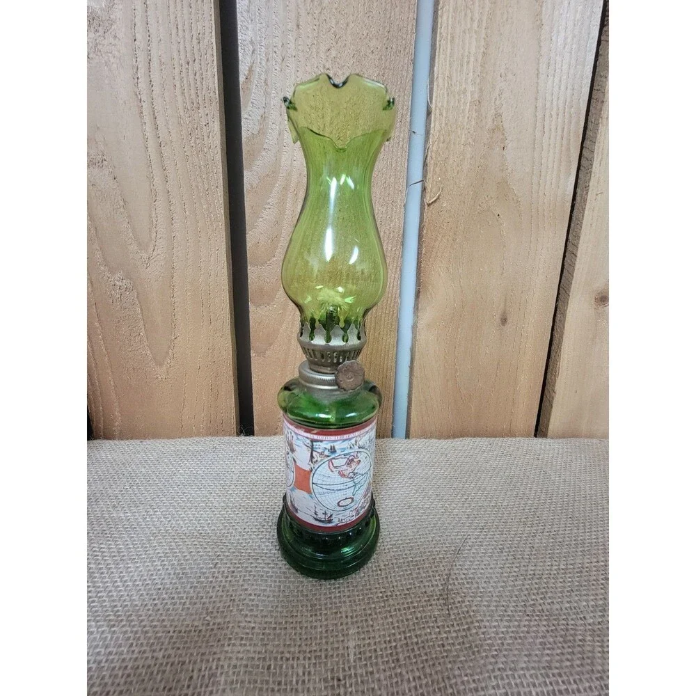 Glass*Small* Oil Lamp *With World Map Decor*LHL brand Green